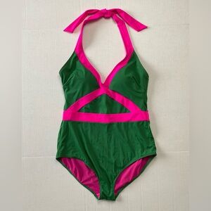 Boden One Piece Swimsuit Sz 16-18L (UK 20L) Green Hot Pink Halter Bathing Suit
